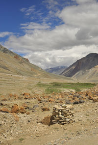 Beautiful landscape view of mountains in darcha-padum road with clouds in sky during summer.