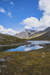Scenic view of lake and mountains against sky