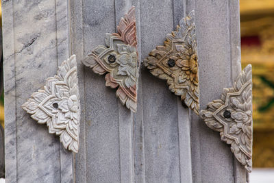 Close-up of carving on wooden door