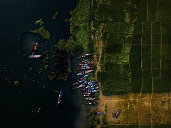 High angle view of boats by lake