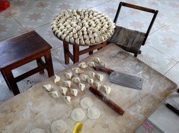 High angle view of preparing sweets