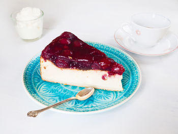 Close-up of cake served on table