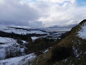 Scenic view of snow covered mountains against sky