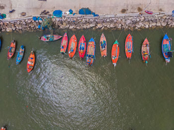 High angle view of boats moored on river