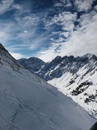 Scenic view of snowcapped mountains against sky