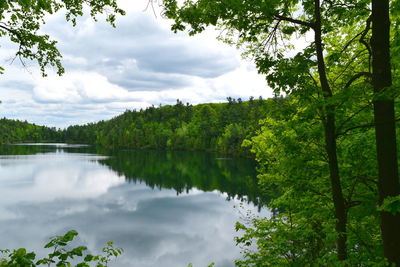 Scenic view of calm lake against cloudy sky