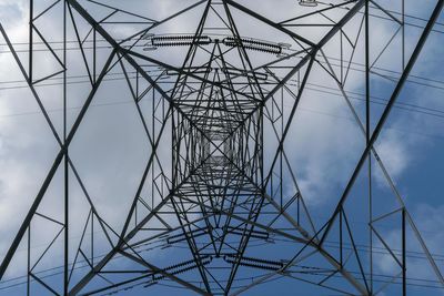 Directly below shot of electricity pylon against sky