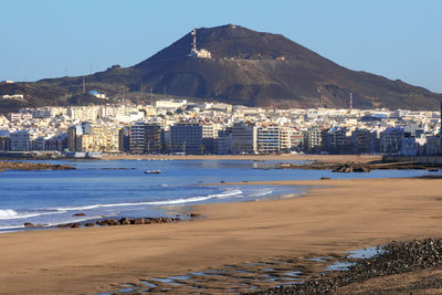 Scenic view of sea and buildings against clear sky