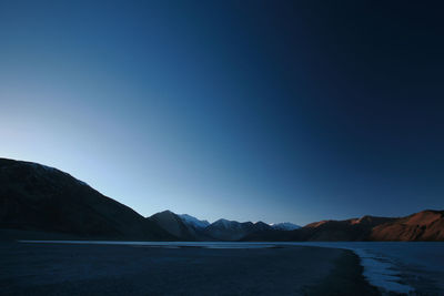 Scenic view of sea and mountains against clear blue sky