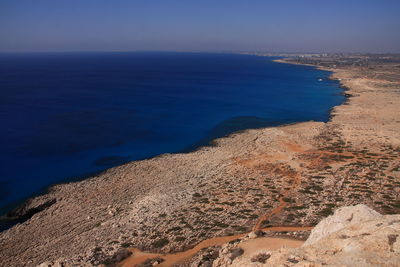 Scenic view of sea against blue sky