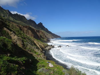 Scenic view of sea and mountains against blue sky
