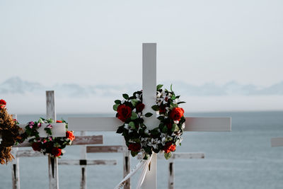 Close-up of flowers on cross by sea against sky