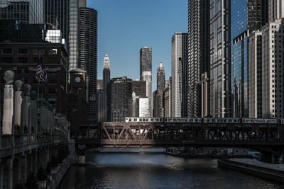 Elevated train above river and along built structures