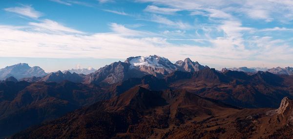 View of mountain range against cloudy sky