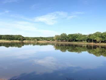 Scenic view of lake against blue sky