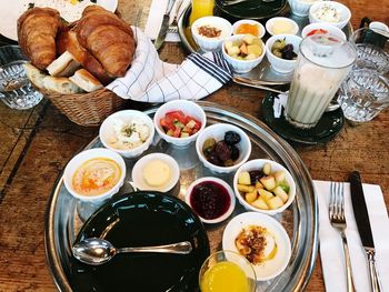 High angle view of breakfast on table