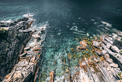 High angle view of rock formations at sea