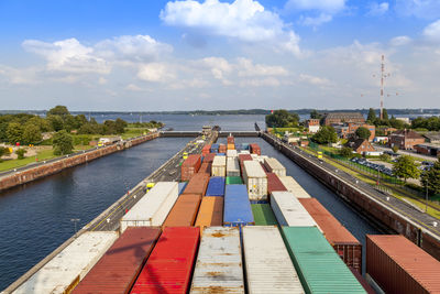 Container ship in the locks of holtenau, kiel, germany
