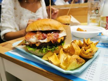 Close-up of food served on table