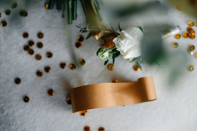 High angle view of christmas decorations on table