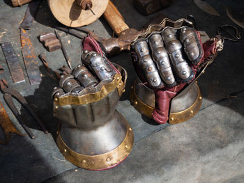 High angle view of old equipment on table