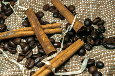 High angle view of roasted coffee beans on table