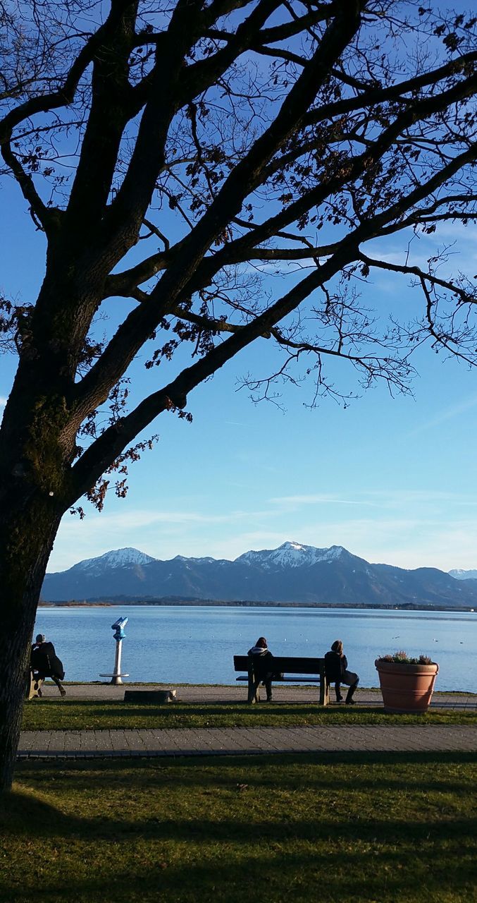 tree, nature, mountain, beauty in nature, mountain range, lake, water, real people, men, scenics, tree trunk, full length, leisure activity, sky, silhouette, tranquility, women, togetherness, outdoors, lifestyles, day, branch, people