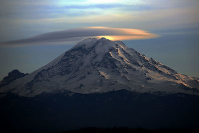 Scenic view of snowcapped mountains against sky during sunset