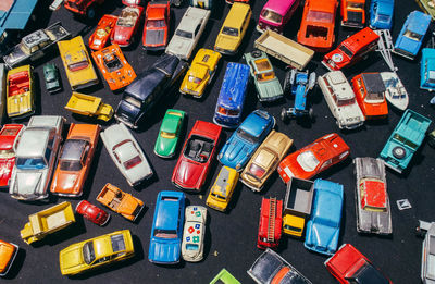 High angle view of toy cars at market stall