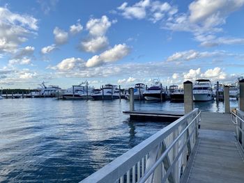 Pier on harbor against sky