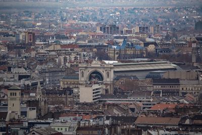 High angle view of buildings in city