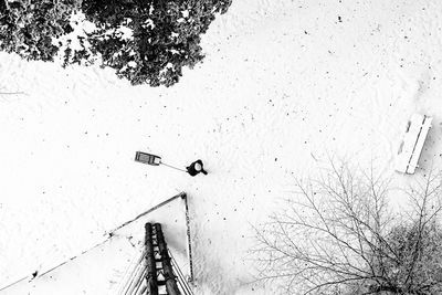 Low angle view of snow on tree against sky