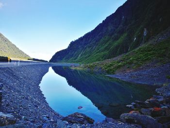 Scenic view of lake and mountains against clear sky