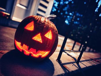 Close-up of illuminated halloween pumpkin