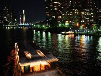 Reflection of illuminated buildings in city at night