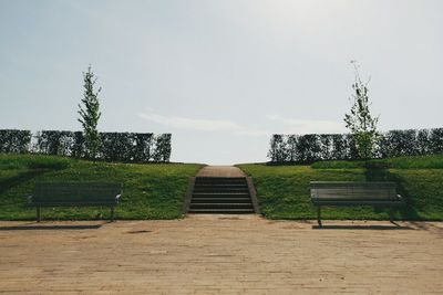 Empty bench on grassy field
