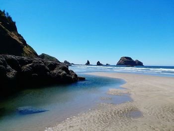 Scenic view of beach against clear blue sky