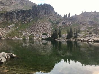 Scenic view of lake and mountains against clear sky