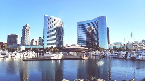 Modern city skyline against clear blue sky