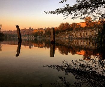 Scenic view of lake against sky at sunset