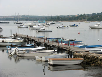Boats moored at harbor