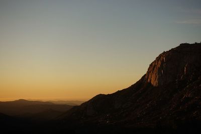 Scenic view of mountains against sky during sunset