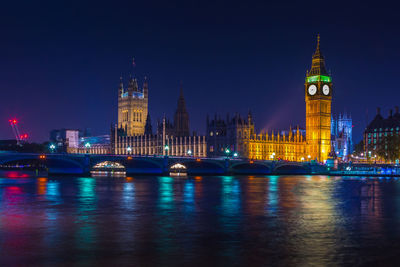 Illuminated buildings in city at night