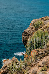 High angle view of rocks by sea