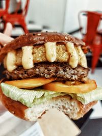 Close-up of burger on table