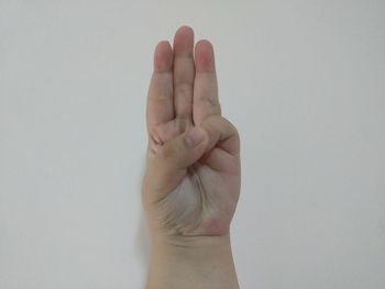 Close-up of human hand against white background