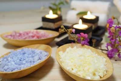 Close-up of candles on table