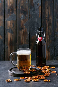 Close-up of beer glass on table