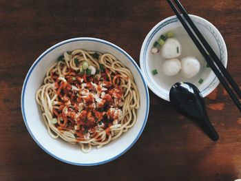 High angle view of food in bowl on table