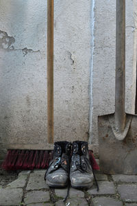 High angle view of shoes on wall